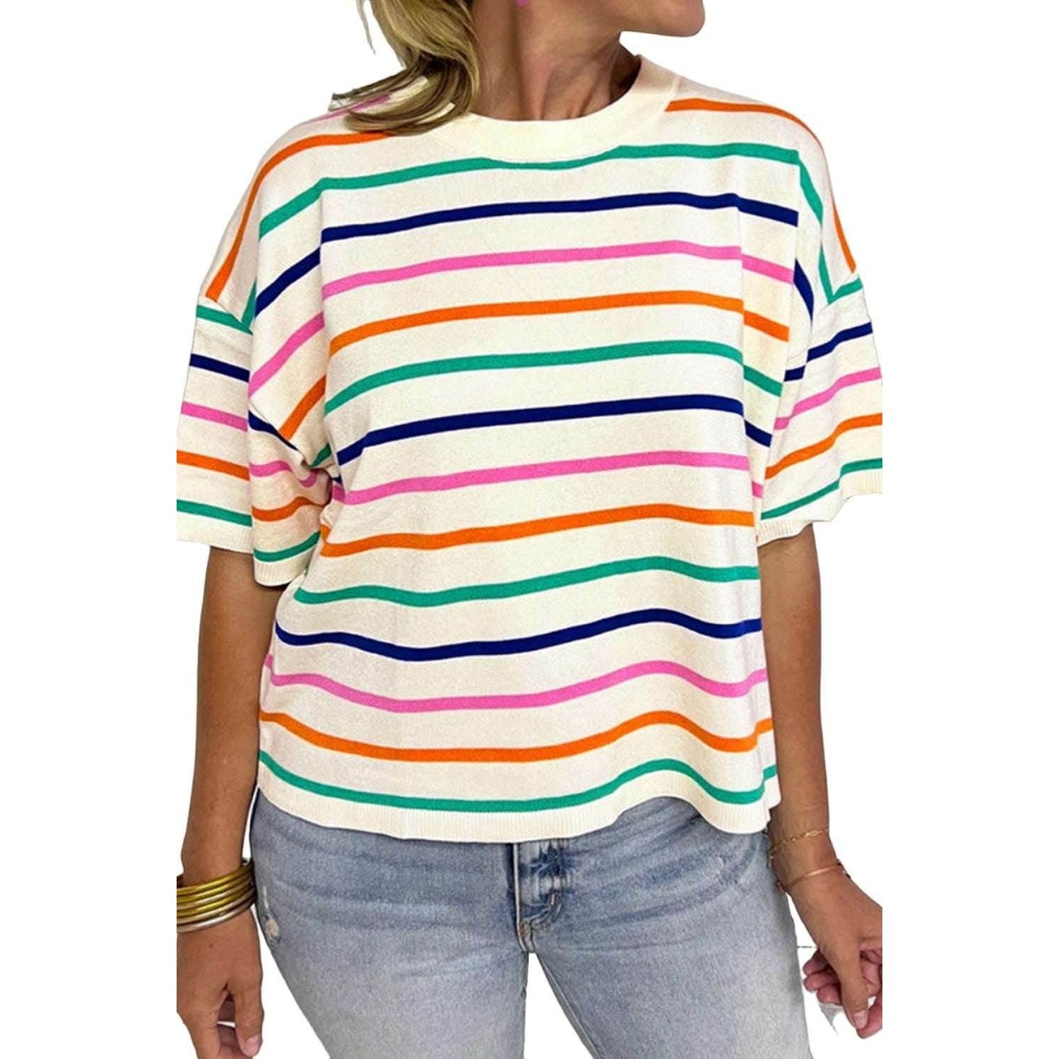 Striped Round Neck Half Sleeve Knit Top - VacationGrabs