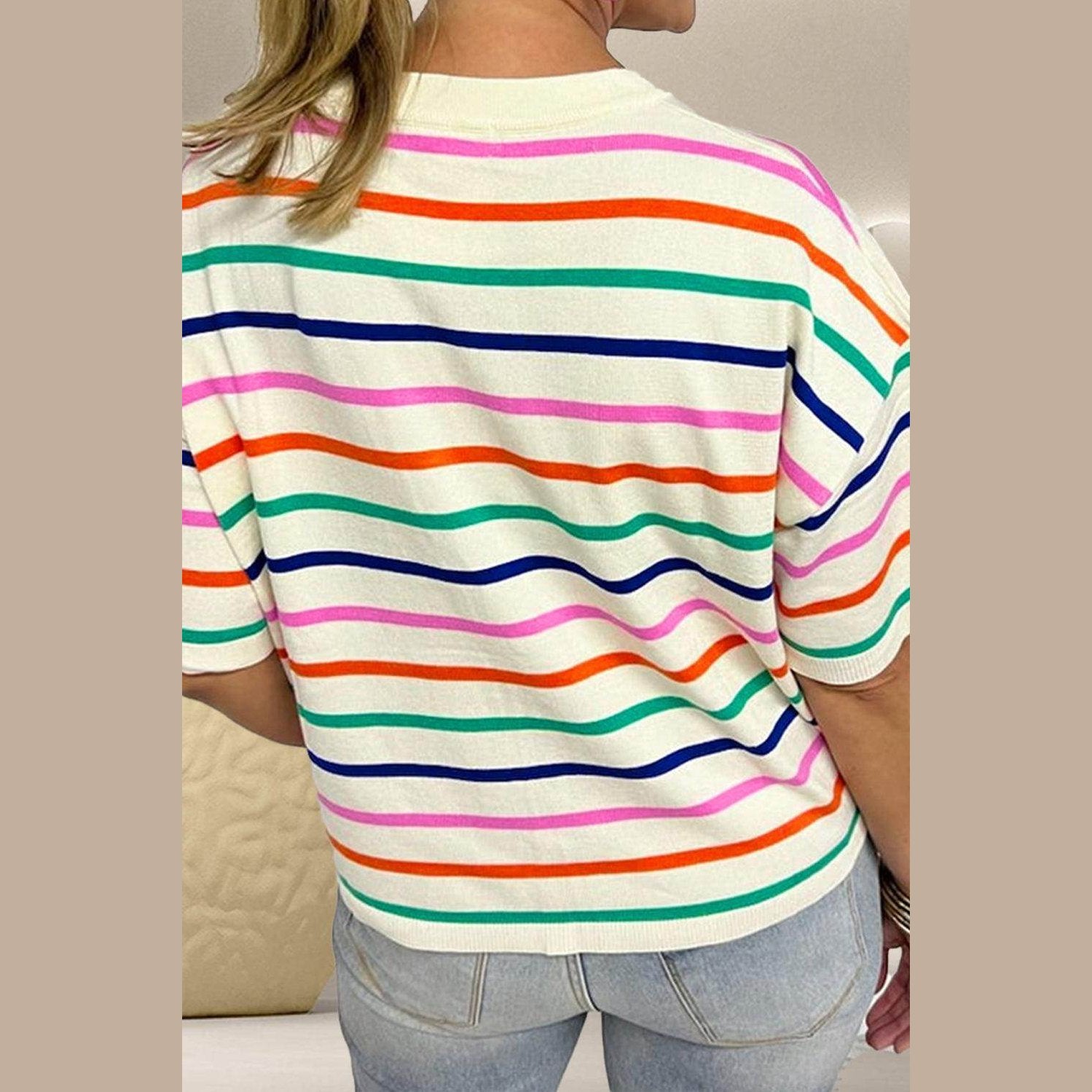 Striped Round Neck Half Sleeve Knit Top - VacationGrabs