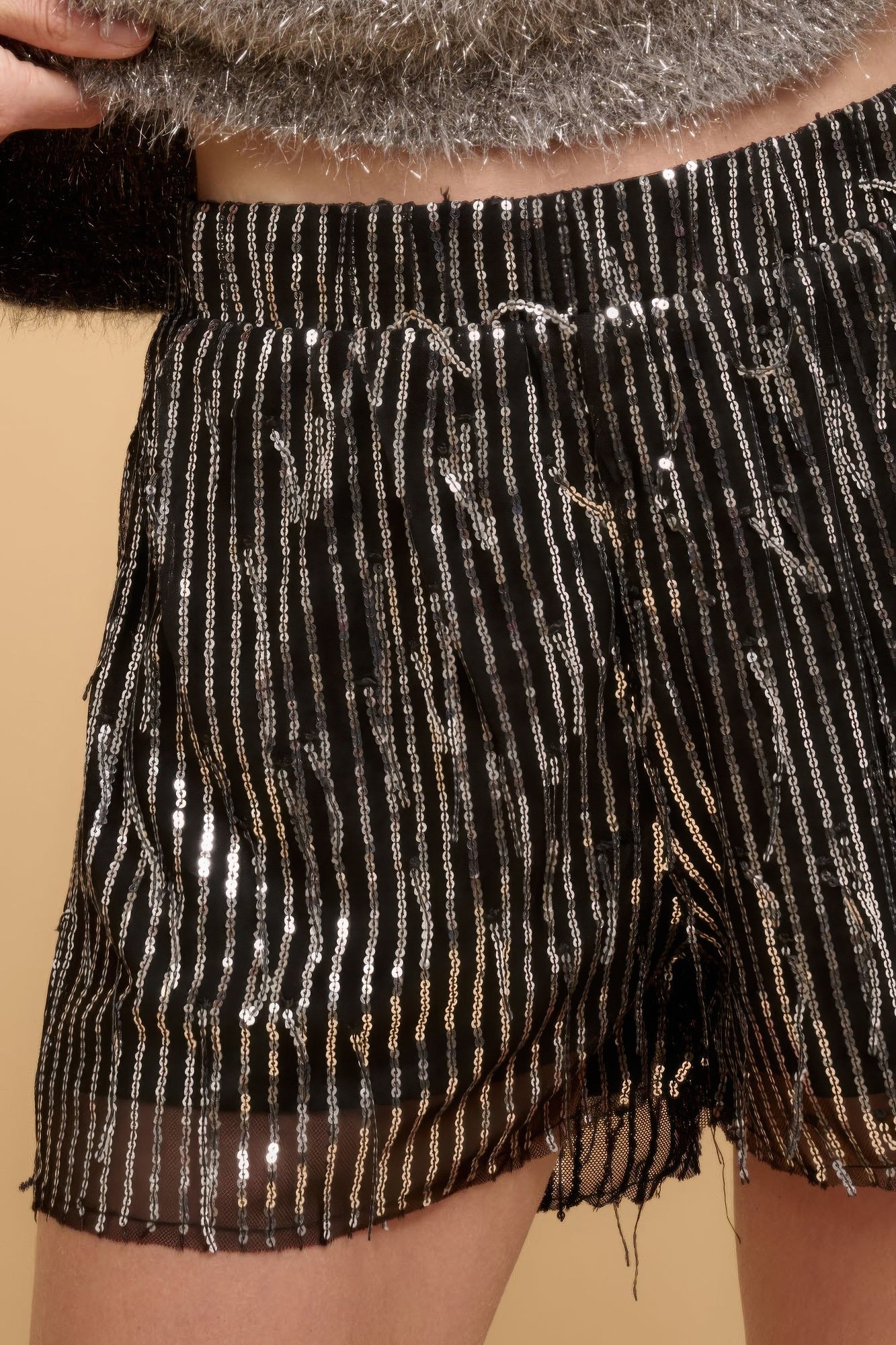 VacationGrabs women's striped sequin high waist shorts with shimmering vertical stripes