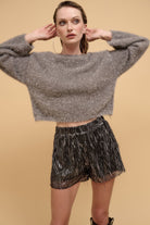 Women's striped sequin high waist shorts by VacationGrabs paired with a fuzzy gray sweater