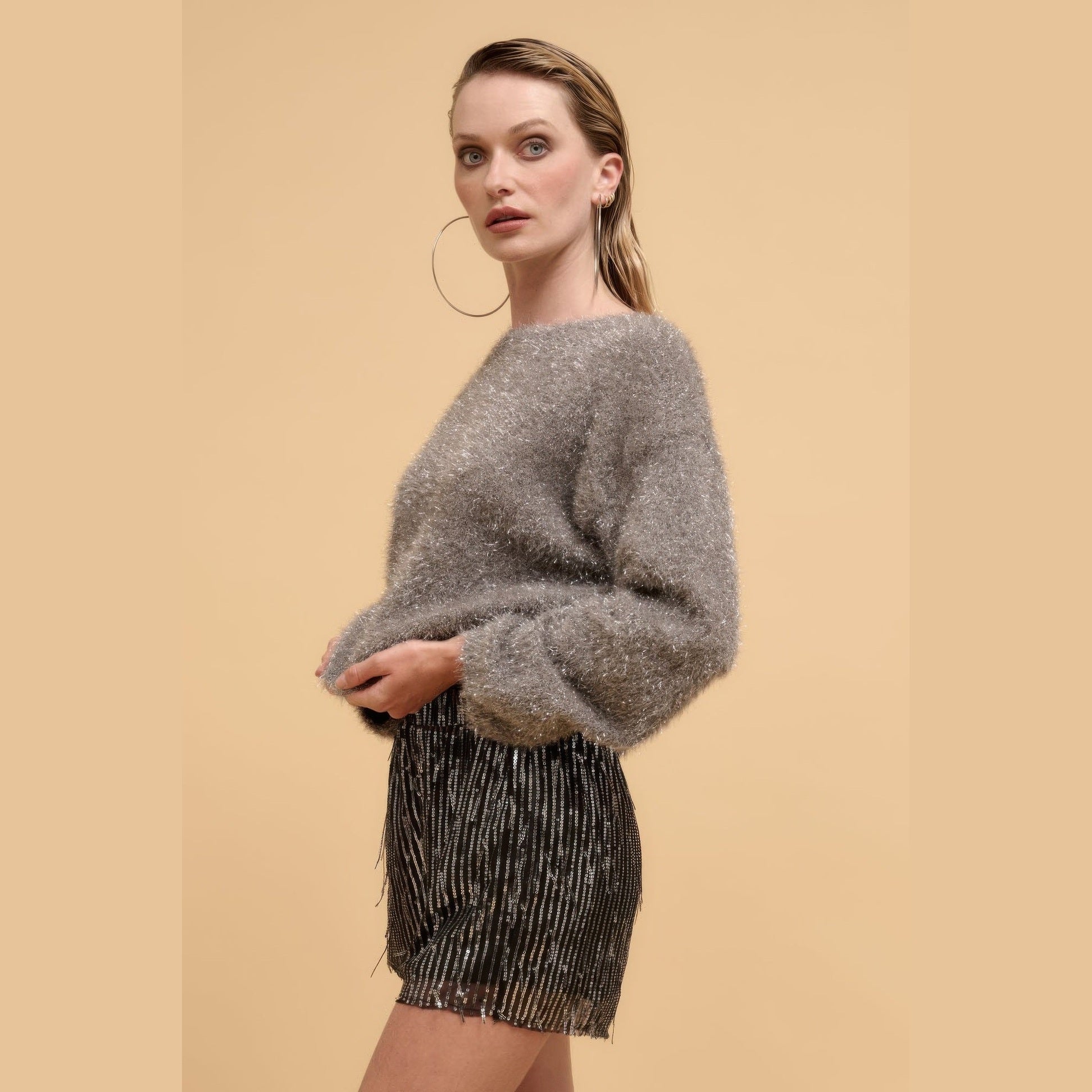 VacationGrabs women's striped sequin high waist shorts paired with a fuzzy gray sweater