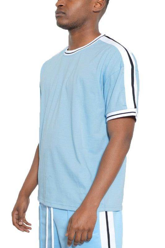 Striped Tape Short Sleeve Crew Neck Tshirt - VacationGrabs