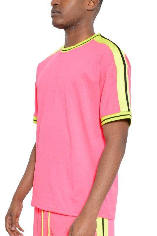 Striped Tape Short Sleeve Crew Neck Tshirt - VacationGrabs