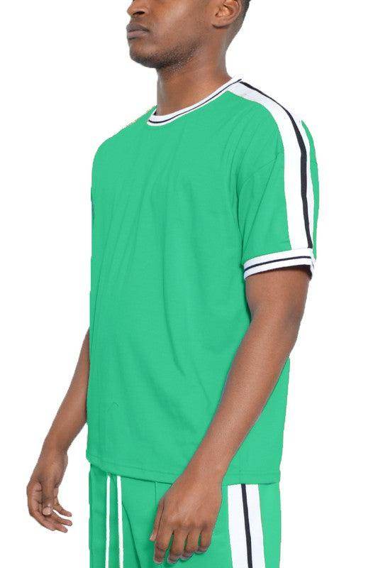 Striped Tape Short Sleeve Crew Neck Tshirt - VacationGrabs