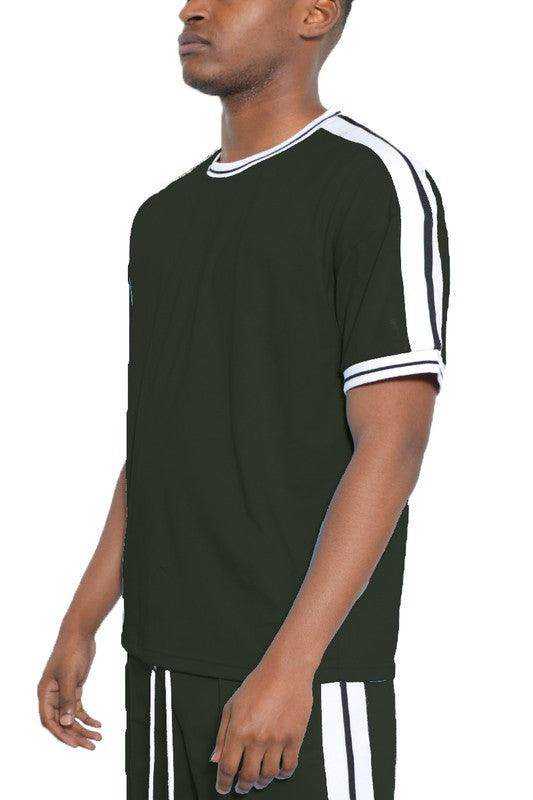 Striped Tape Short Sleeve Crew Neck Tshirt - VacationGrabs