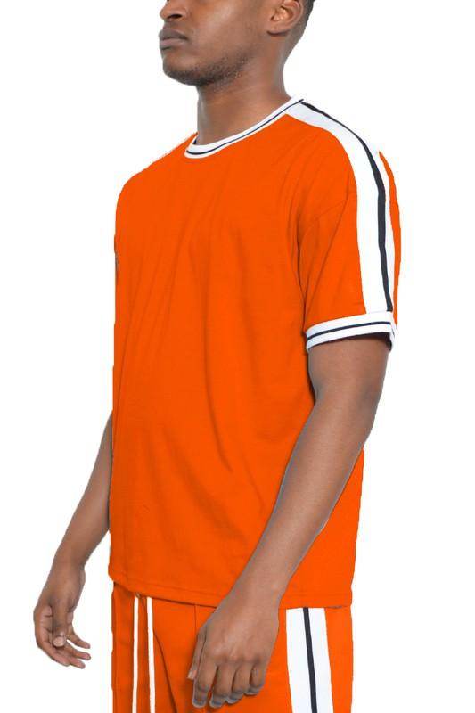 Striped Tape Short Sleeve Crew Neck Tshirt - VacationGrabs
