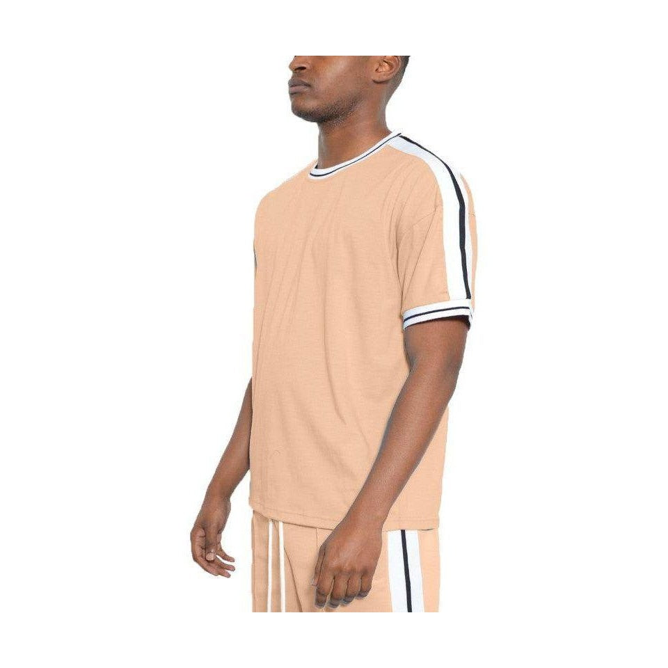 Striped Tape Short Sleeve Round Neck Shirts - VacationGrabs