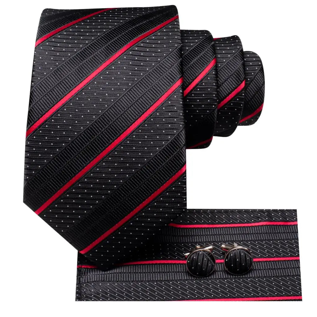 Black striped ties for men with red accents and matching cufflinks