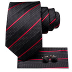 Black striped ties for men with red accents and matching cufflinks