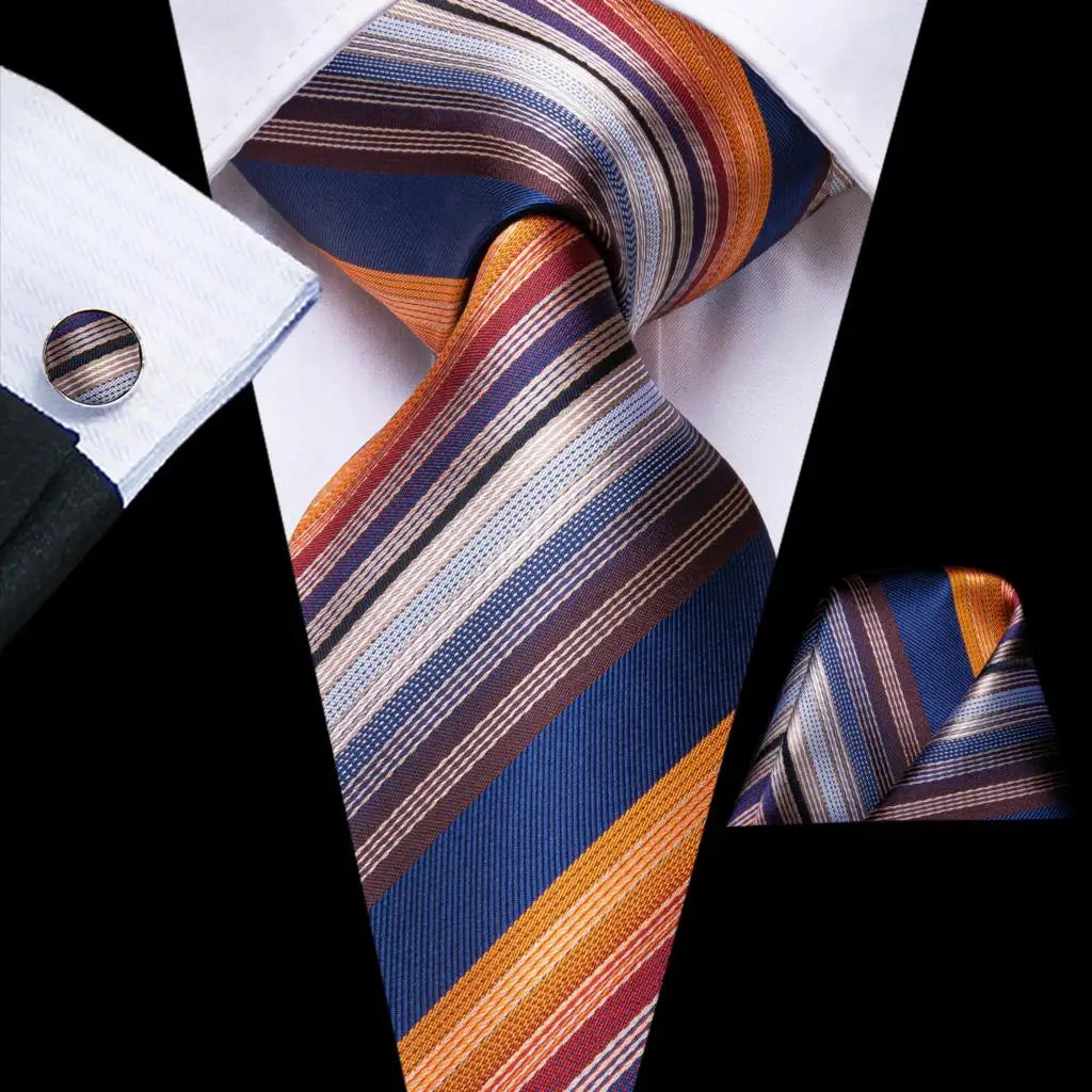 Striped ties for men in blue, orange, and brown, ideal for formal occasions