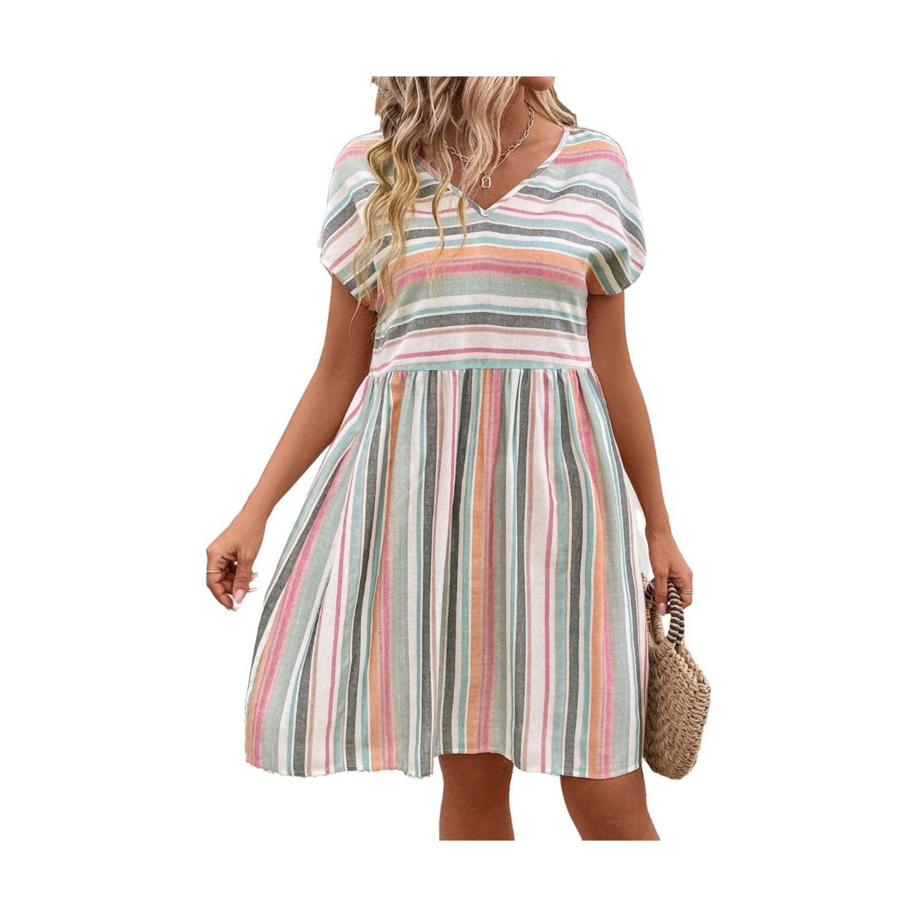 Striped V-Neck Short Sleeve Dress - VacationGrabs