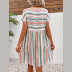 Striped V-Neck Short Sleeve Dress - VacationGrabs