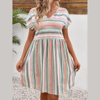 Striped V-Neck Short Sleeve Dress - VacationGrabs