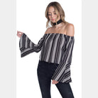 Black and white striped vacation blouse women with off-shoulder design and bell sleeves