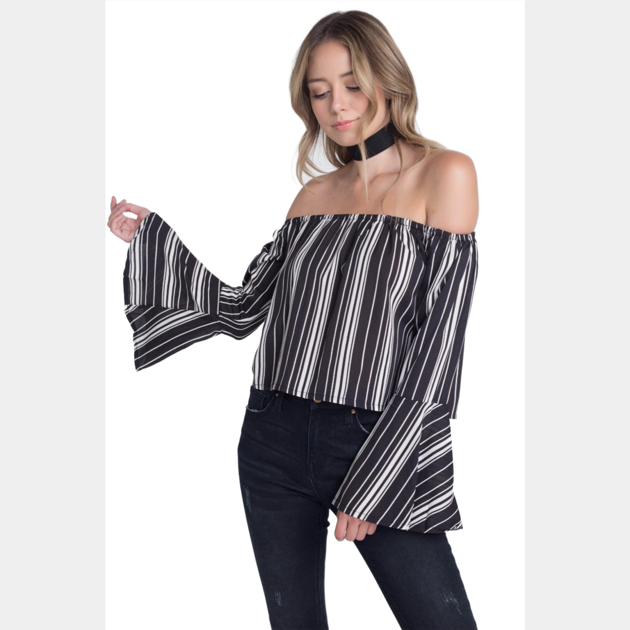 Black and white striped vacation blouse women with off-shoulder design and bell sleeves