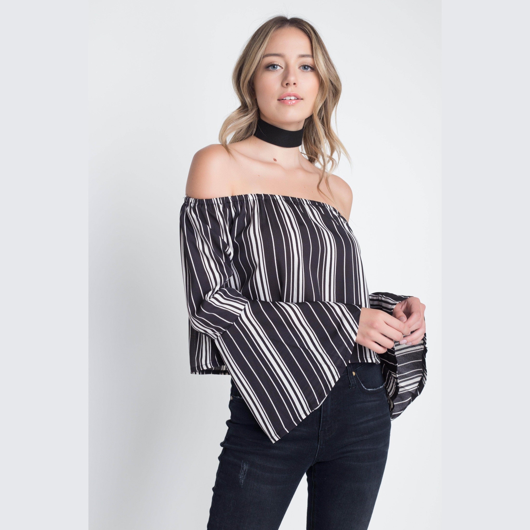 Ivory Felix Striped Vacation Blouse Women with Off-Shoulder Design and Bell Sleeves