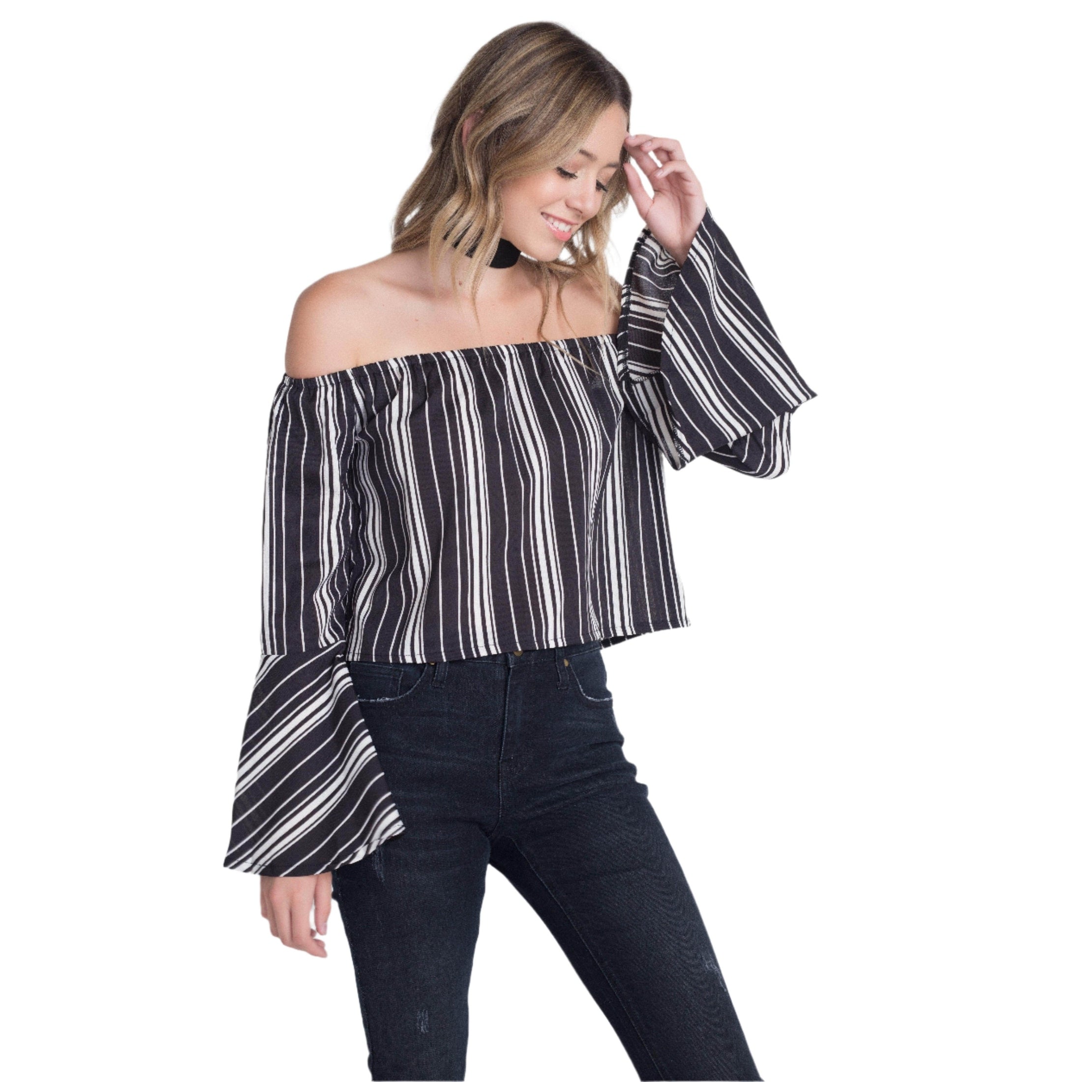 Striped vacation blouse women with off-the-shoulder design and bell sleeves for a trendy look