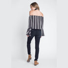 Striped vacation blouse women in off-shoulder style with bell sleeves for a stylish summer look
