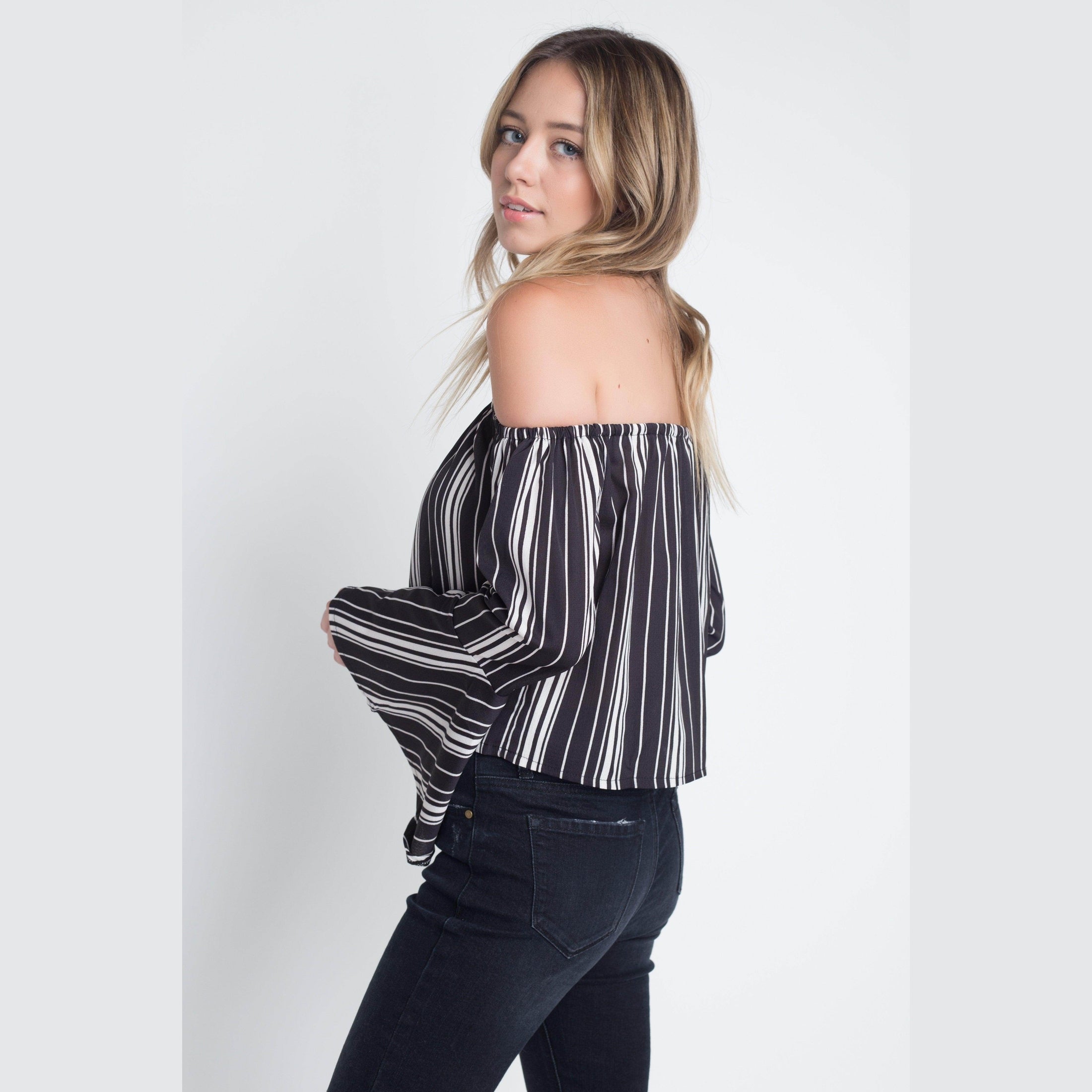 Striped vacation blouse women with off-shoulder design and bell sleeves by Ivory Felix