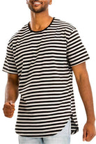 Men's striped vacation shirts for men in black and white with a relaxed fit and side slits