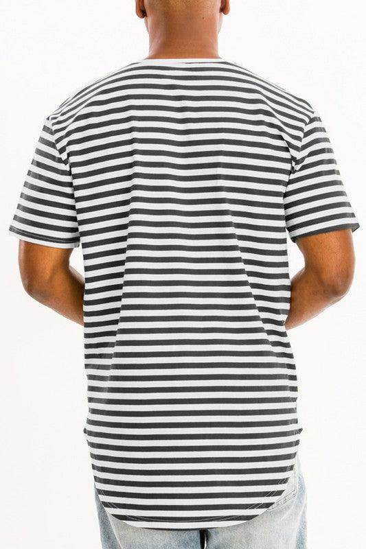 Back view of a men's shirt featuring horizontal stripes, ideal as striped vacation shirts for men