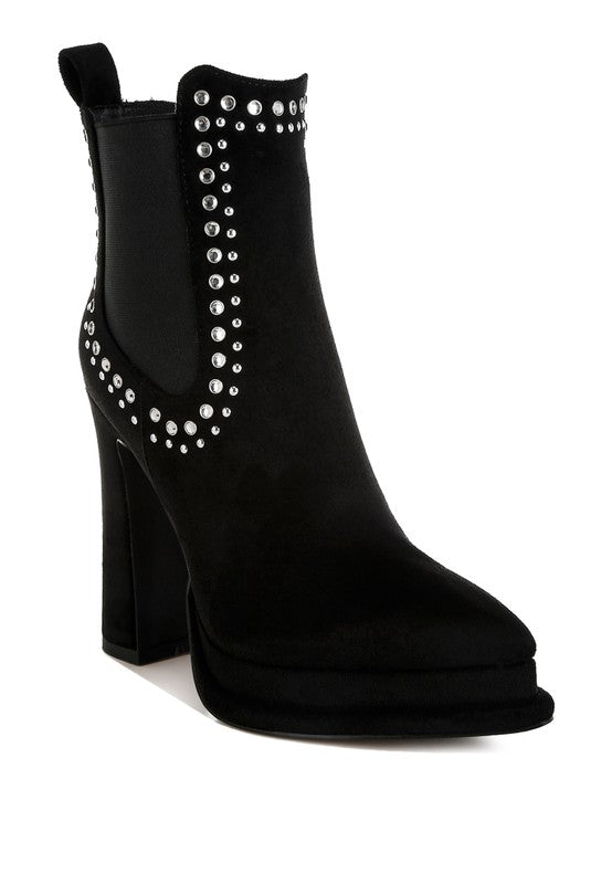 Stylish stud embellished high ankle boots in black with a chunky heel and sleek design for women's fashion