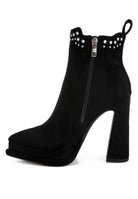 Rag Company stud embellished high ankle boots in black with a chunky heel and zipper detail