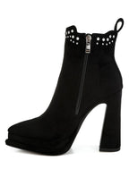 Rag Company stud embellished high ankle boots in black with a chunky heel and zipper detail