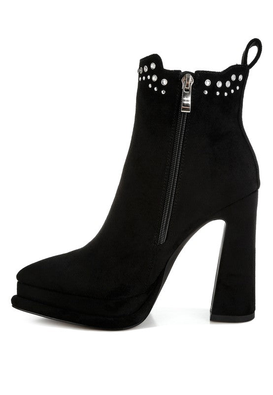 Rag Company stud embellished high ankle boots in black with a chunky heel and zipper detail