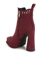 Rag Company stud embellished high ankle boots in burgundy with side zipper and chunky heel