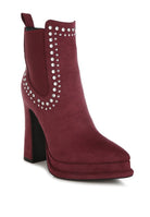 Rag Company stud embellished high ankle boots in burgundy with a stylish chunky heel