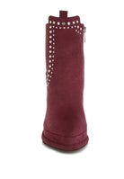 Rag Company stud embellished high ankle boots in burgundy featuring stylish stud detailing and zip closure