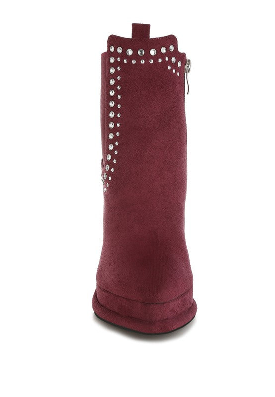 Rag Company stud embellished high ankle boots in burgundy featuring stylish stud detailing and zip closure