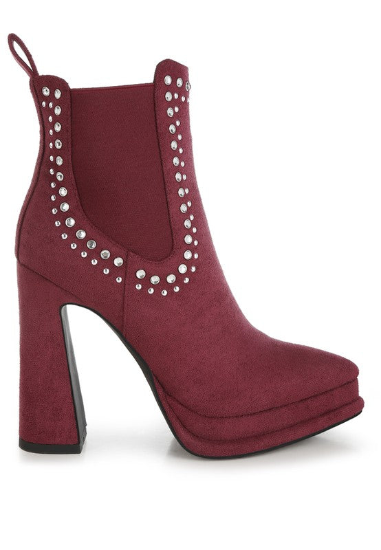 Rag Company stud embellished high ankle boots in burgundy with block heels and stud detailing