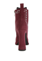 Rag Company stud embellished high ankle boots in burgundy with a stylish high heel design