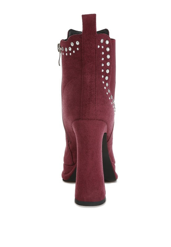 Rag Company stud embellished high ankle boots in burgundy with a stylish high heel design