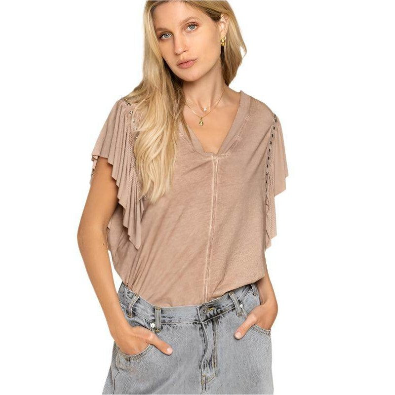 Studded Flutter Sleeve T-Shirt - VacationGrabs