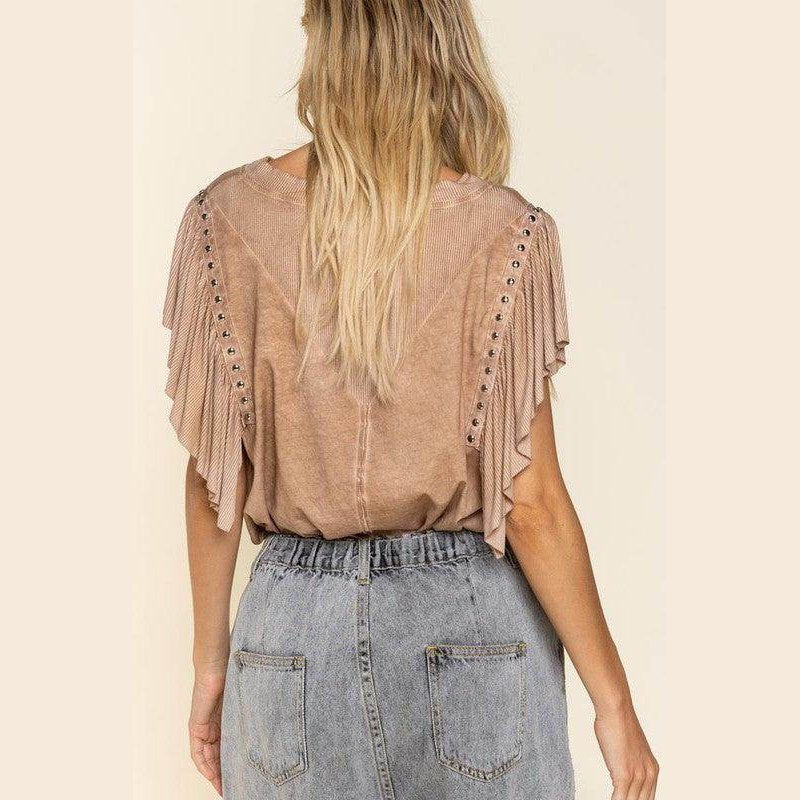 Studded Flutter Sleeve T-Shirt - VacationGrabs