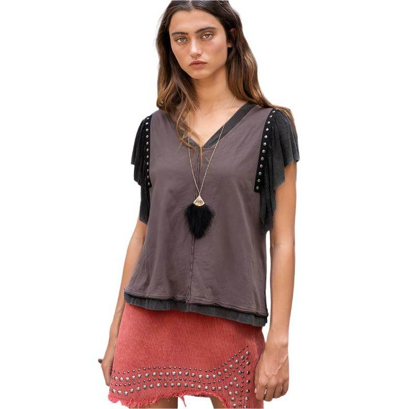 Studded Flutter Sleeve T-Shirt - VacationGrabs