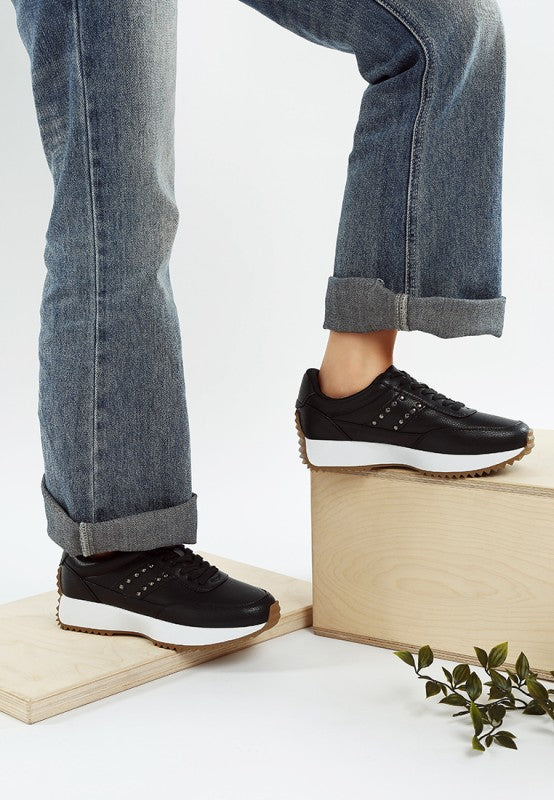 Women's studded real leather sneakers in black, stylish everyday footwear