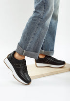 Women's black studded real leather sneakers for casual wear