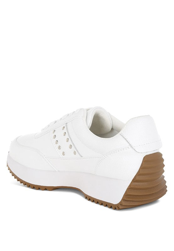 Women's white studded real leather sneakers, stylish and comfortable for daily wear