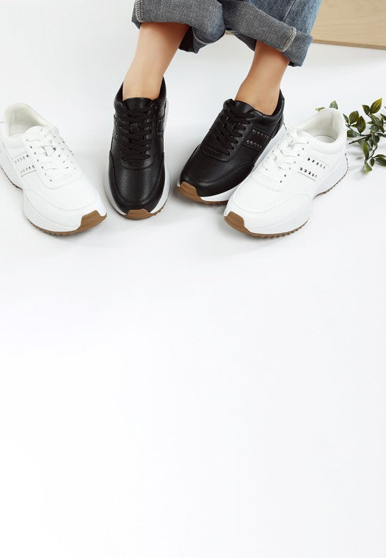 women's studded real leather sneakers in black and white for casual wear