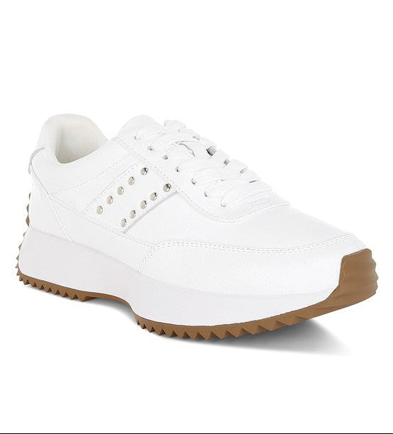 Women's white studded real leather sneakers for casual outings