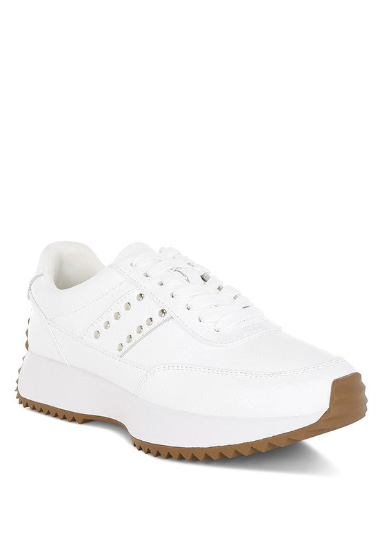 Women's white studded real leather sneakers for casual outings