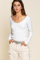 Women's Shirts Studded Ribbed V-Neck Top