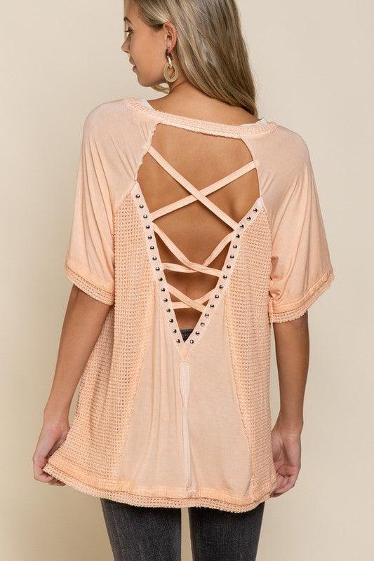Women's Shirts Studded Strappy Back Waffle Mixed Knit Top