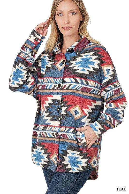 Stylish Aztec jacket by ZENANA featuring colorful geometric patterns and a comfortable design