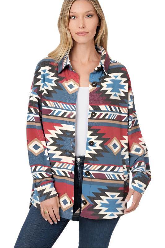 Women's stylish Aztec jacket from ZENANA featuring a colorful geometric pattern and button-up design