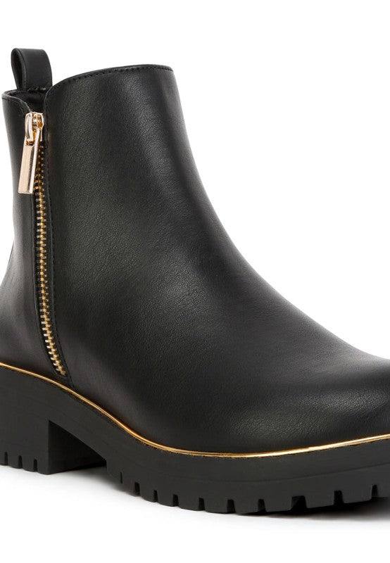 Rag Company stylish block heel boots for vacation with gold zipper detail and durable rubber sole